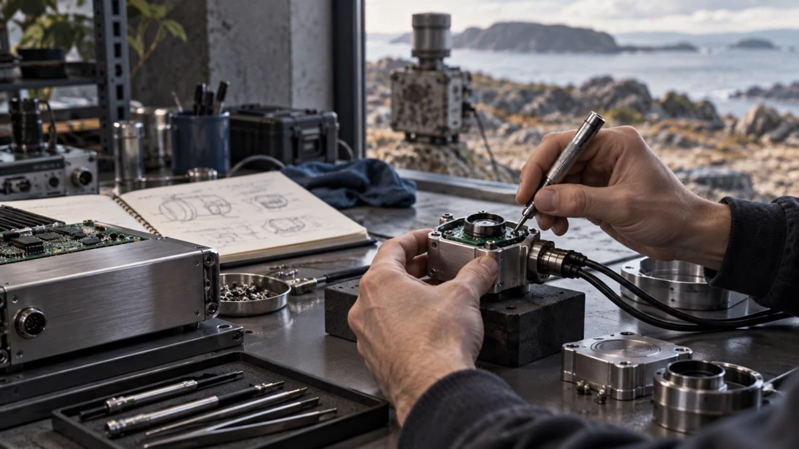 A person uses a small tool to assemble a metal electronic device at a workbench covered with instruments, parts, and technical sketches, with a rocky coastline visible through the window.