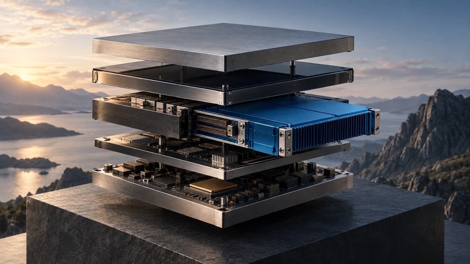 An exploded stack of metallic computer components, including a blue circuit board, floats above a dark pedestal against a sunrise mountain landscape.