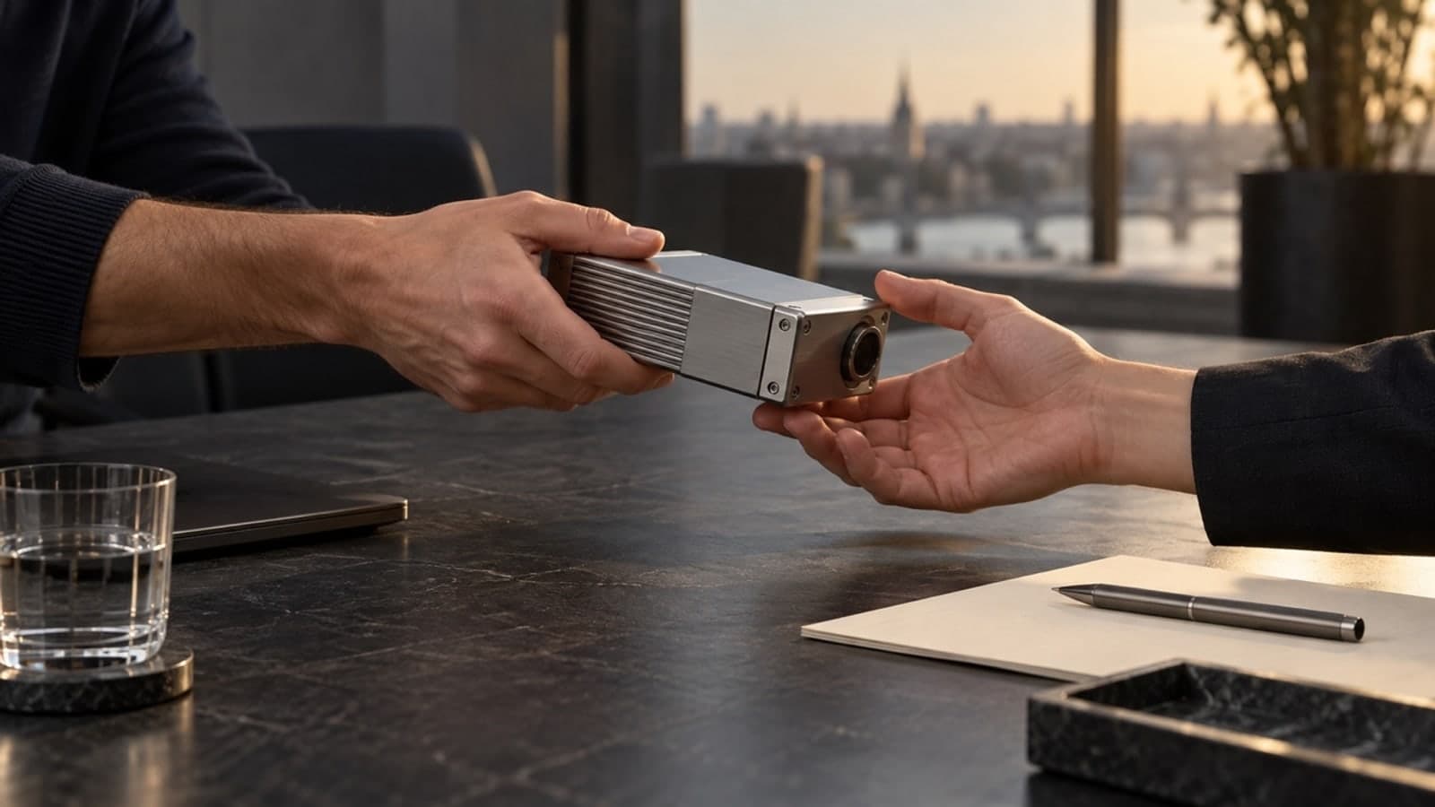Two people exchange a silver rectangular device across a dark desk, with a glass, notebook and pen nearby and a city skyline visible through the window.